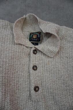 Vintage‎ Lake Harmony Sweater Mens Large Beige Cotton Henley Collared Knit USA